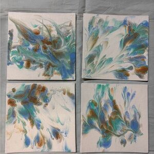 Abstract Canvas Art Set - Blue and Brown Swirl Design